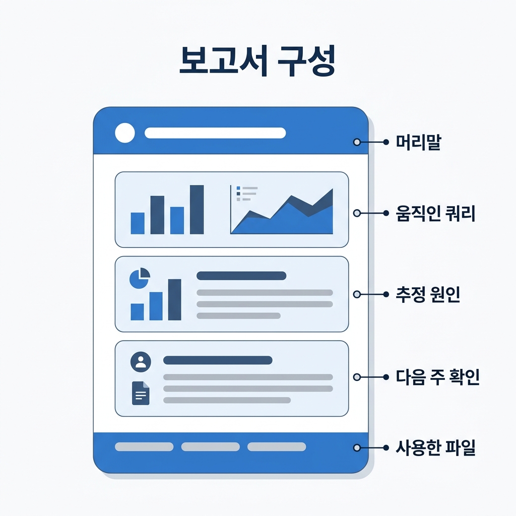 헤더, 세 개의 섹션, 사용한 파일 목록 꼬리말을 표시한 순위 보고서 구조도