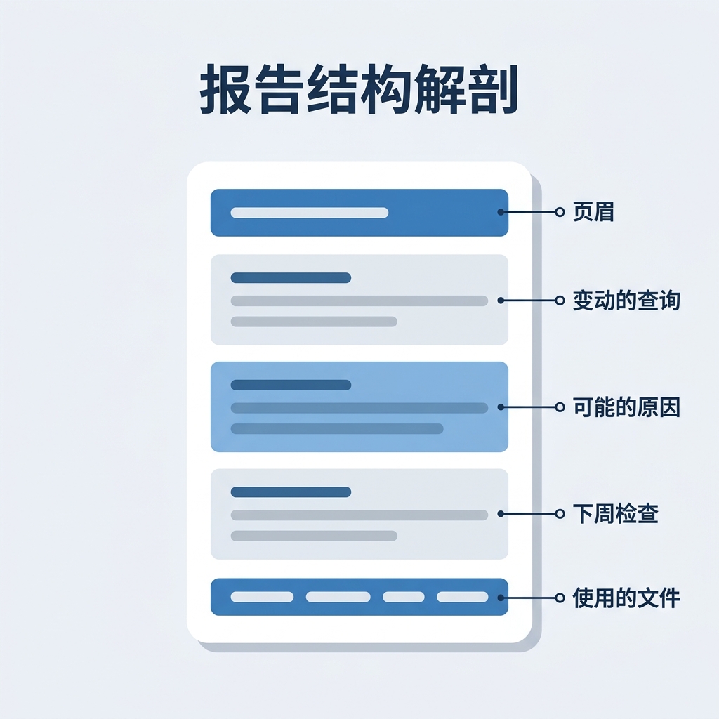排名报告的标注解剖图，展示头部、三个小节以及文件清单页脚