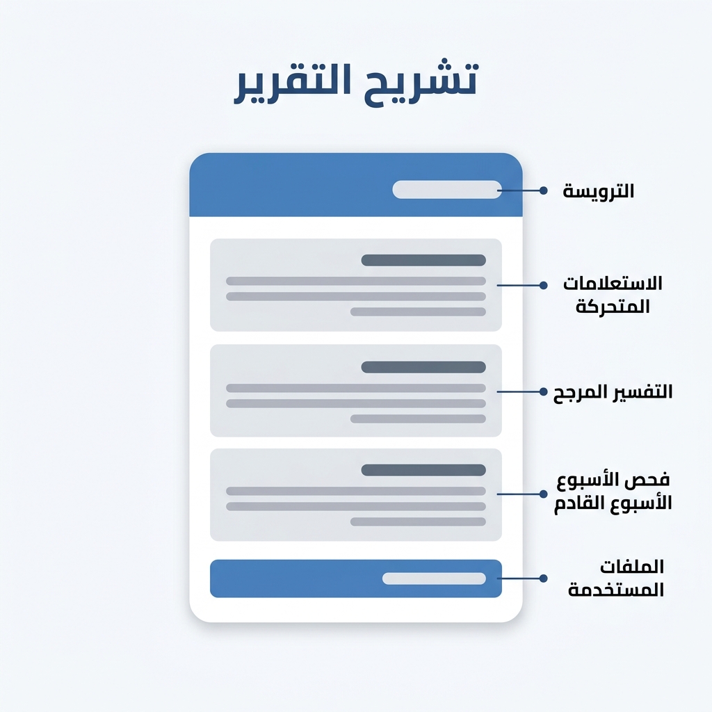 تشريح موضّح لتقرير الترتيب يُظهر الترويسة والأقسام الثلاثة وتذييل قائمة الملفات