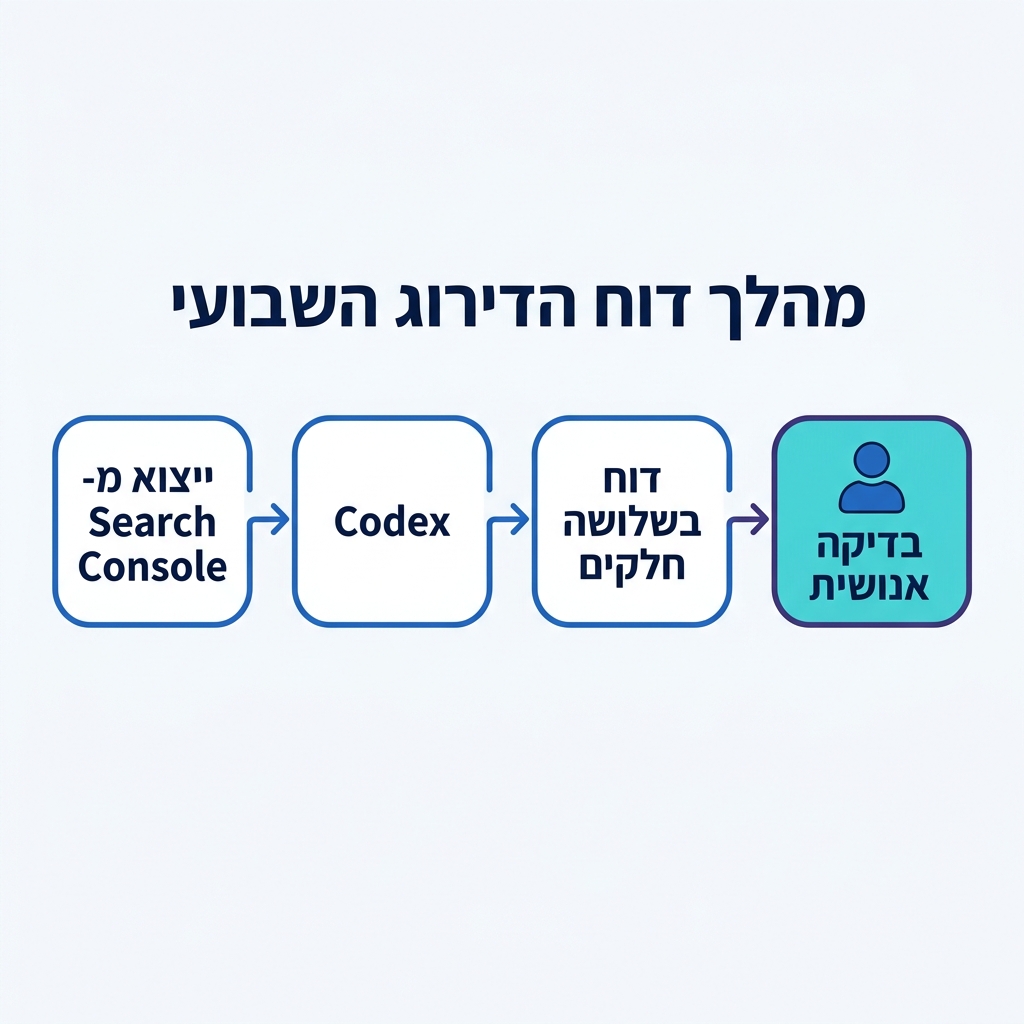 תרשים זרימה שמראה ייצוא מ-Search Console עובר דרך Codex לדוח דירוג בן שלושה חלקים, עם שער בדיקה אנושית