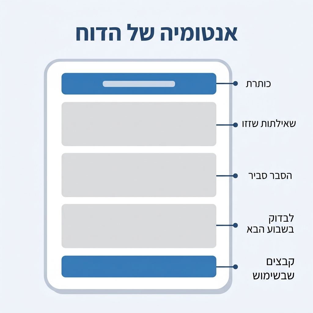 אנטומיה מסומנת של דוח הדירוג, עם הכותרת, שלושת החלקים ורשימת הקבצים בתחתית