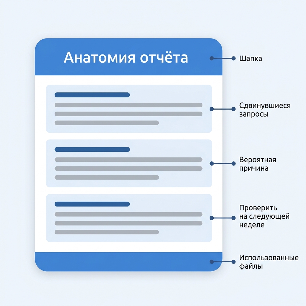 Размеченная анатомия отчёта по позициям: шапка, три раздела и подвал со списком файлов
