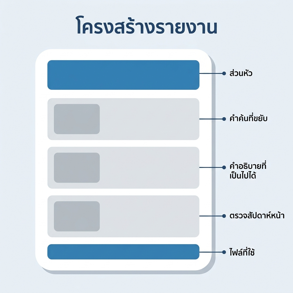 ภาพแยกส่วนของรายงานอันดับ แสดงหัวรายงาน สามส่วน และท้ายรายการไฟล์