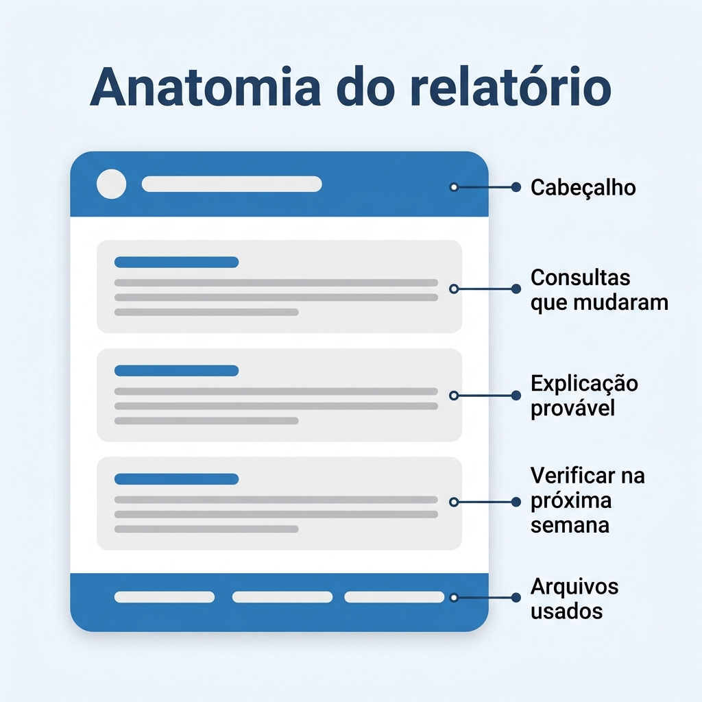 Anatomia anotada do relatório de ranking, mostrando o cabeçalho, as três seções e o rodapé com a lista de arquivos