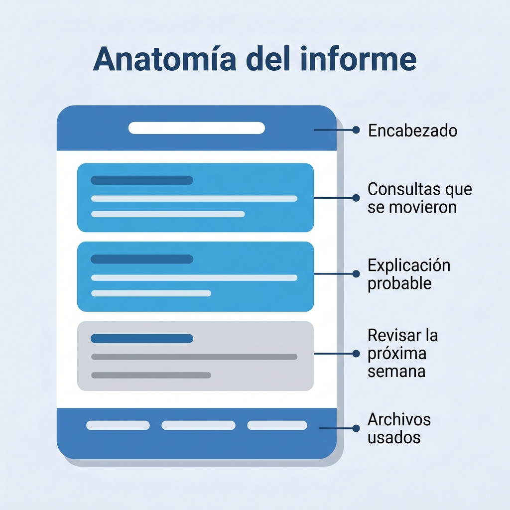 Anatomía anotada del informe de posiciones, con la cabecera, las tres secciones y el pie con la lista de archivos