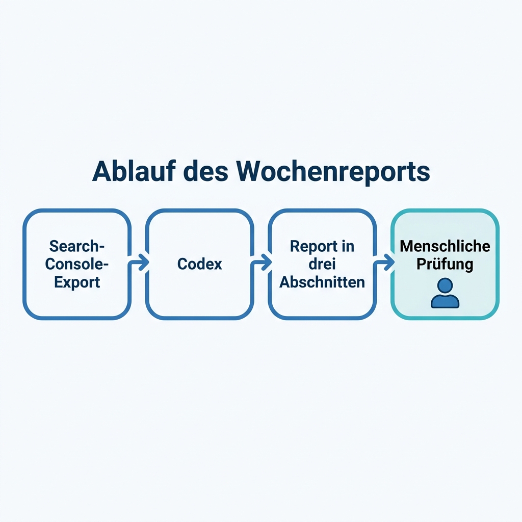Ablaufdiagramm: Exporte aus der Search Console fließen durch Codex in einen Ranking-Report mit drei Abschnitten und einer menschlichen Prüfstufe