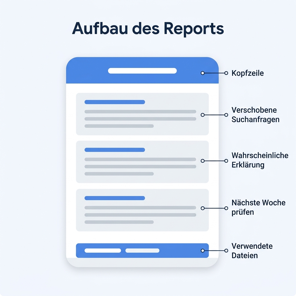 Beschriftete Anatomie des Ranking-Reports mit Kopfzeile, drei Abschnitten und der Dateiliste im Fuß
