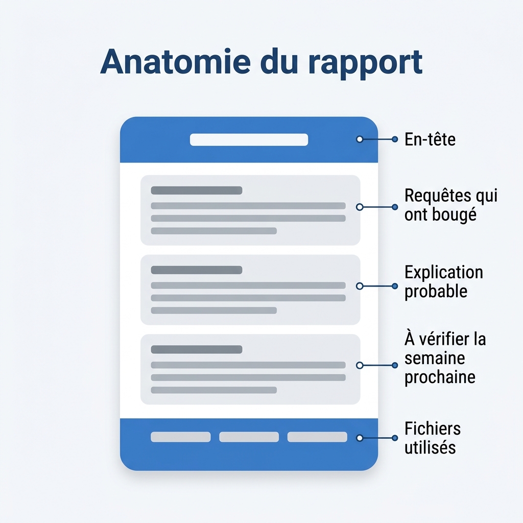 Anatomie annotée du rapport de classement, montrant l'en-tête, les trois sections et le pied de page listant les fichiers