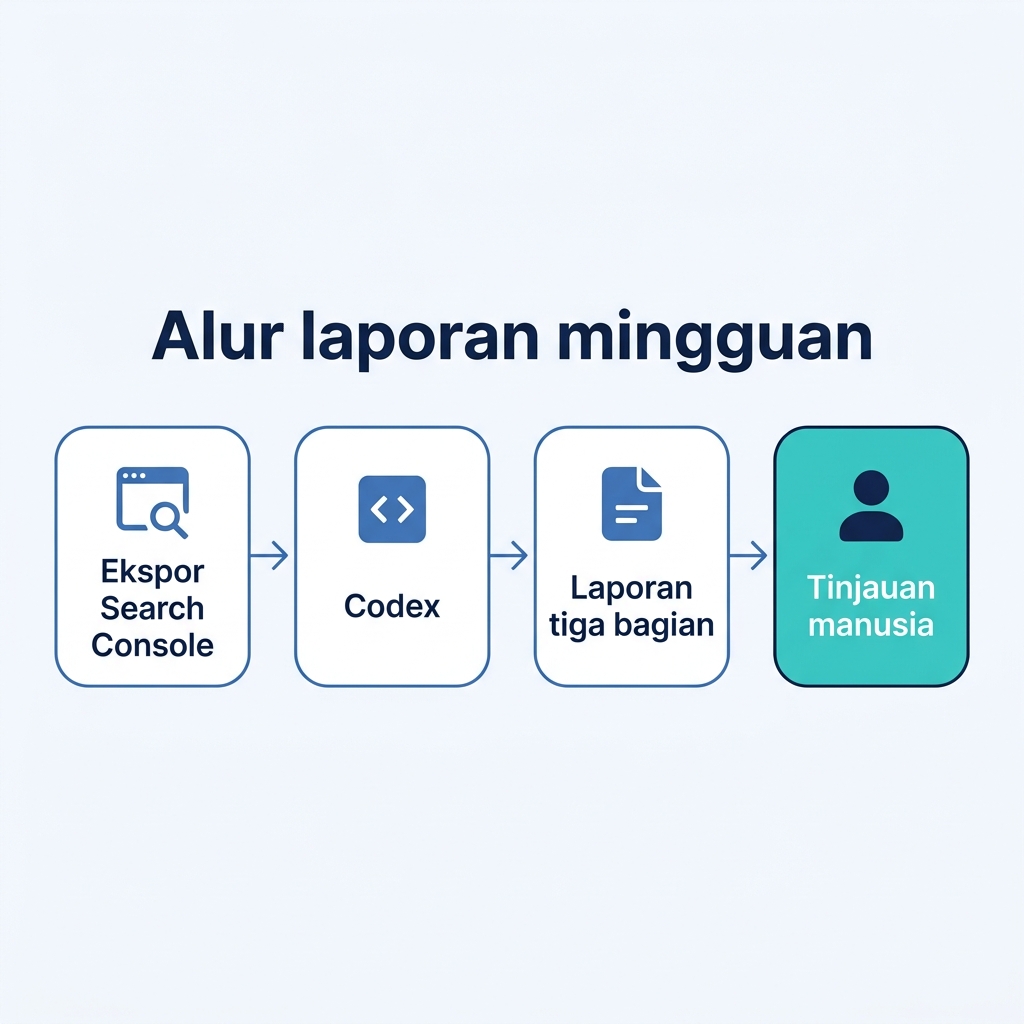 Diagram alur yang menunjukkan ekspor Search Console mengalir lewat Codex menjadi laporan peringkat tiga bagian dengan gerbang tinjauan manusia