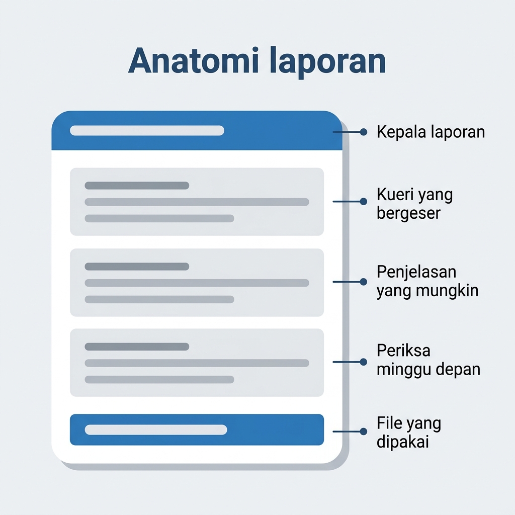 Anatomi beranotasi laporan peringkat yang menunjukkan kepala, tiga bagian, dan kaki berisi daftar berkas
