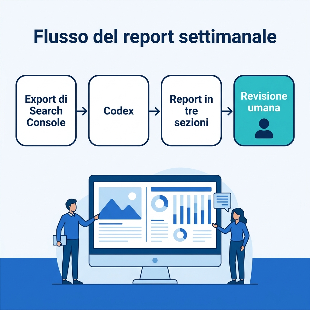 Diagramma del flusso: gli export di Search Console passano per Codex fino a un report di ranking in tre sezioni, con un passaggio di revisione umana