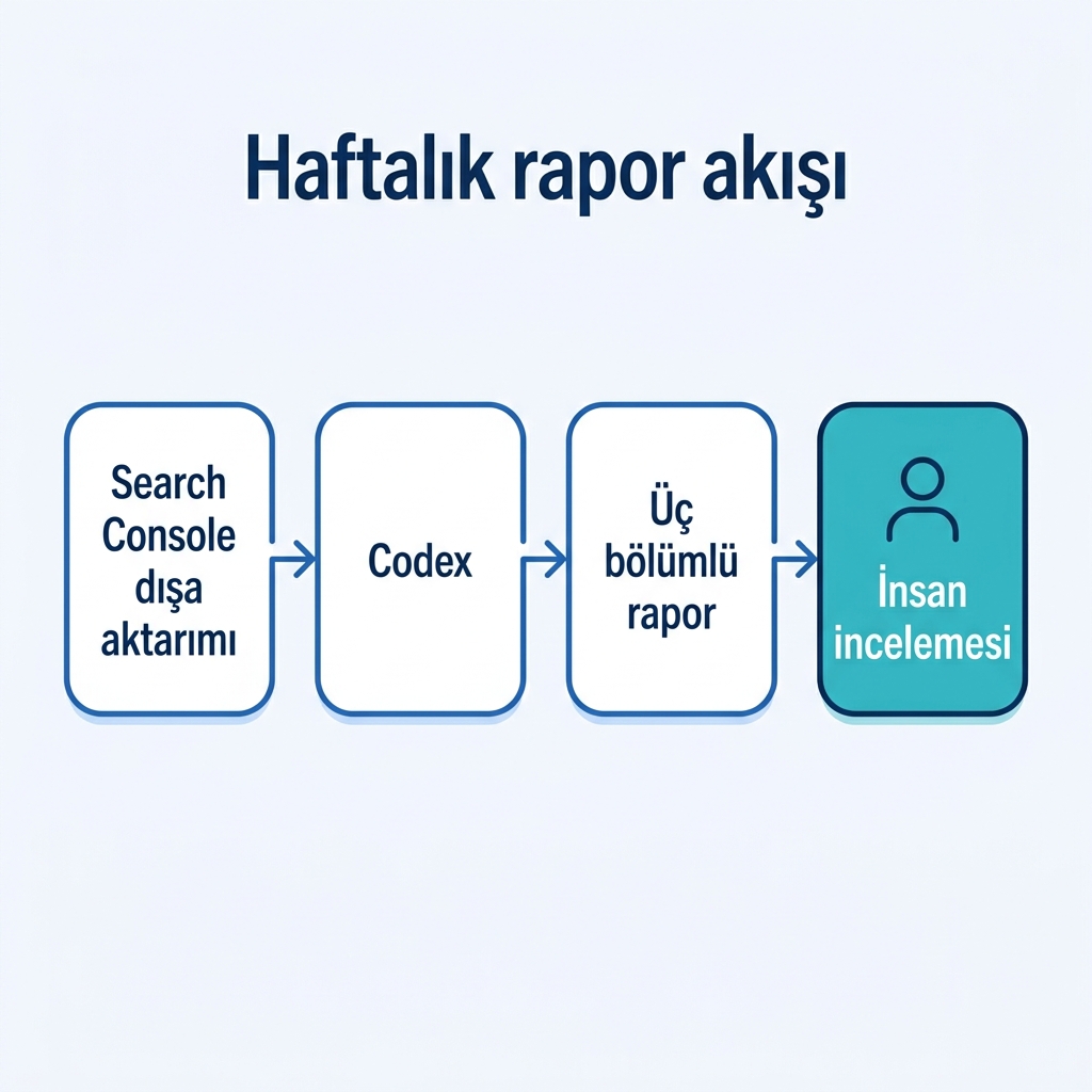 Search Console dışa aktarımlarının Codex'ten geçip üç bölümlü sıralama raporuna dönüştüğünü ve sonunda insan incelemesi kapısı olduğunu gösteren akış diyagramı