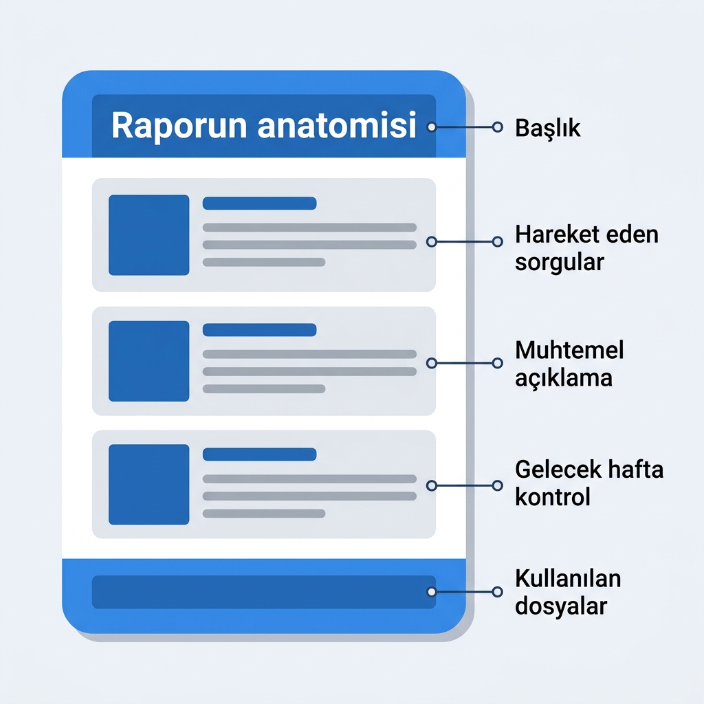 Sıralama raporunun başlığı, üç bölümü ve dosya listesi altbilgisini gösteren işaretli anatomisi