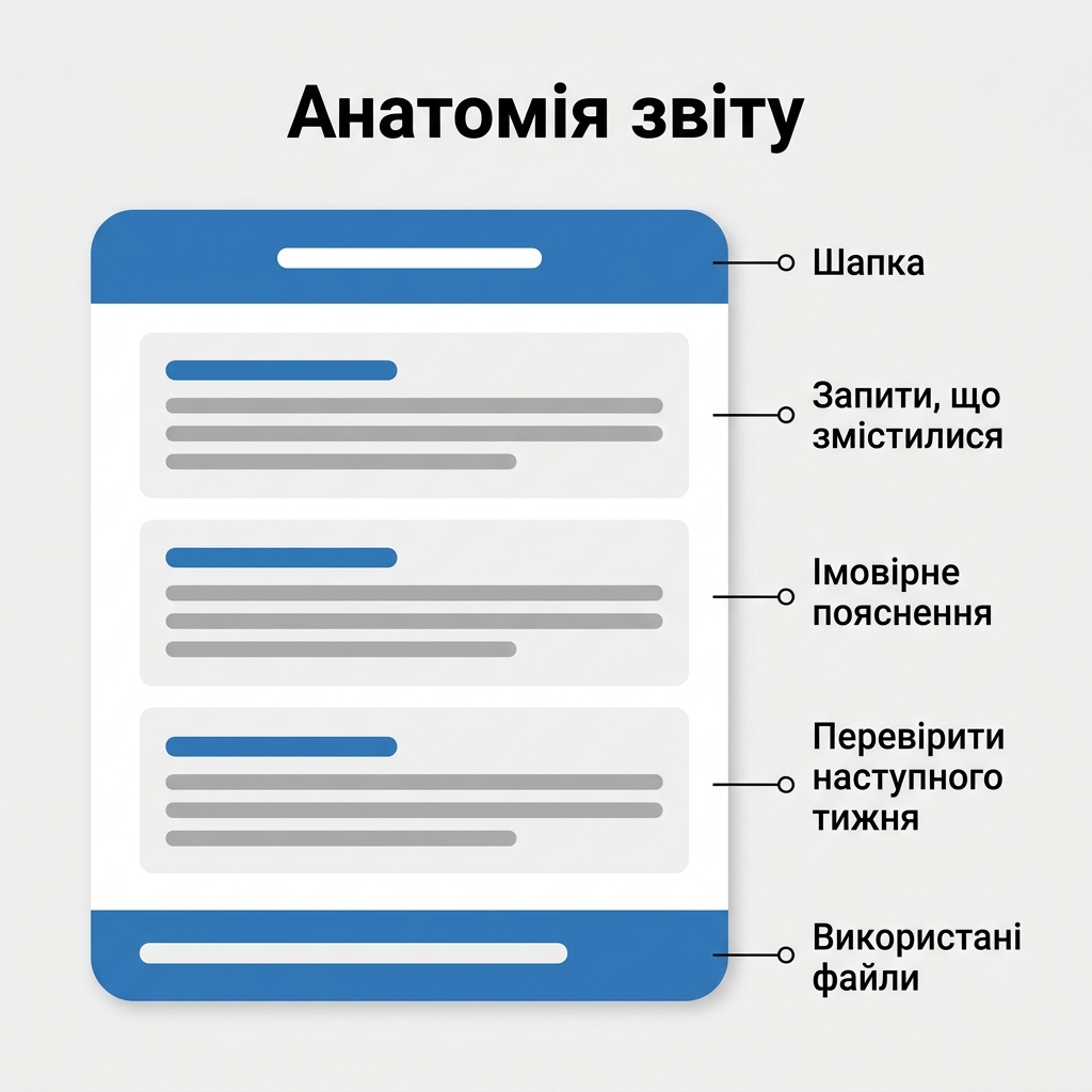 Розмічена анатомія звіту про позиції: шапка, три розділи й підвал зі списком файлів