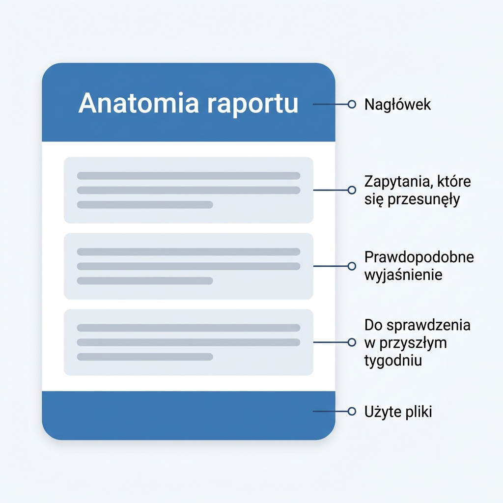 Opisana anatomia raportu pozycji z nagłówkiem, trzema sekcjami i stopką z listą plików