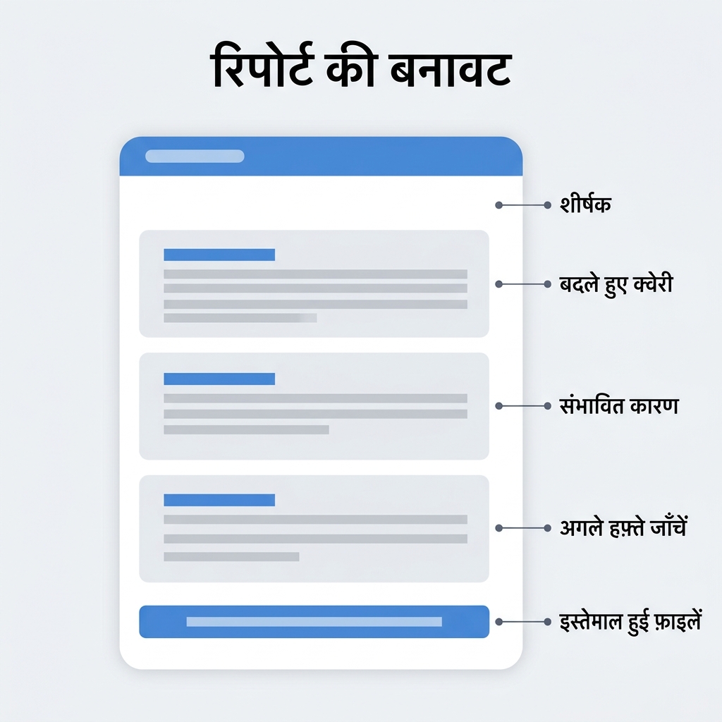 रैंकिंग रिपोर्ट की व्याख्या सहित बनावट, जिसमें हेडर, तीन सेक्शन और फ़ाइल-सूची वाला फ़ुटर है