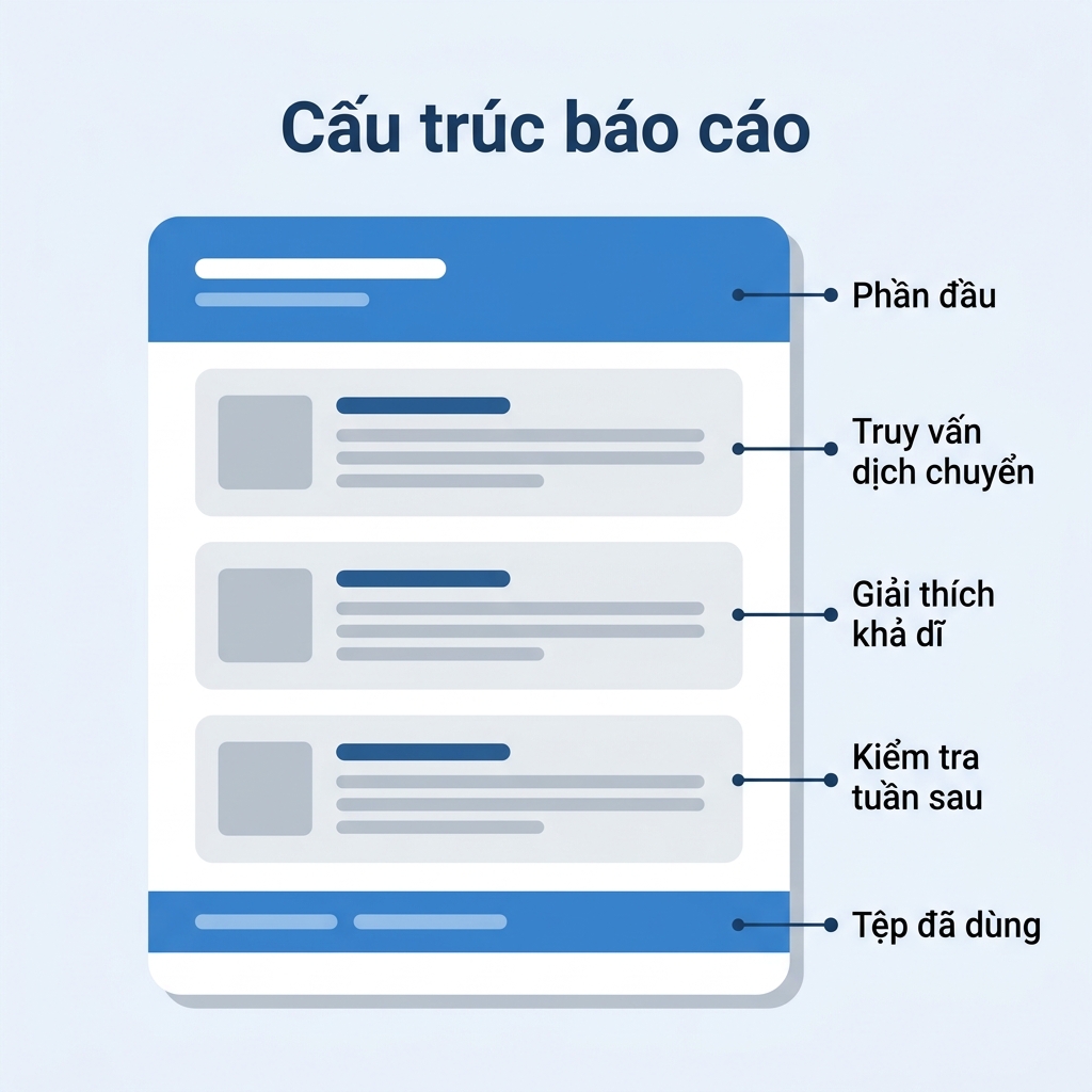 Cấu trúc chú thích của báo cáo thứ hạng, gồm thanh đầu, ba phần và chân trang liệt kê tệp