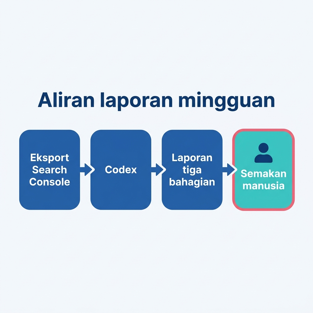 Gambar rajah aliran yang menunjukkan eksport Search Console mengalir melalui Codex menjadi laporan kedudukan tiga bahagian dengan pintu semakan manusia