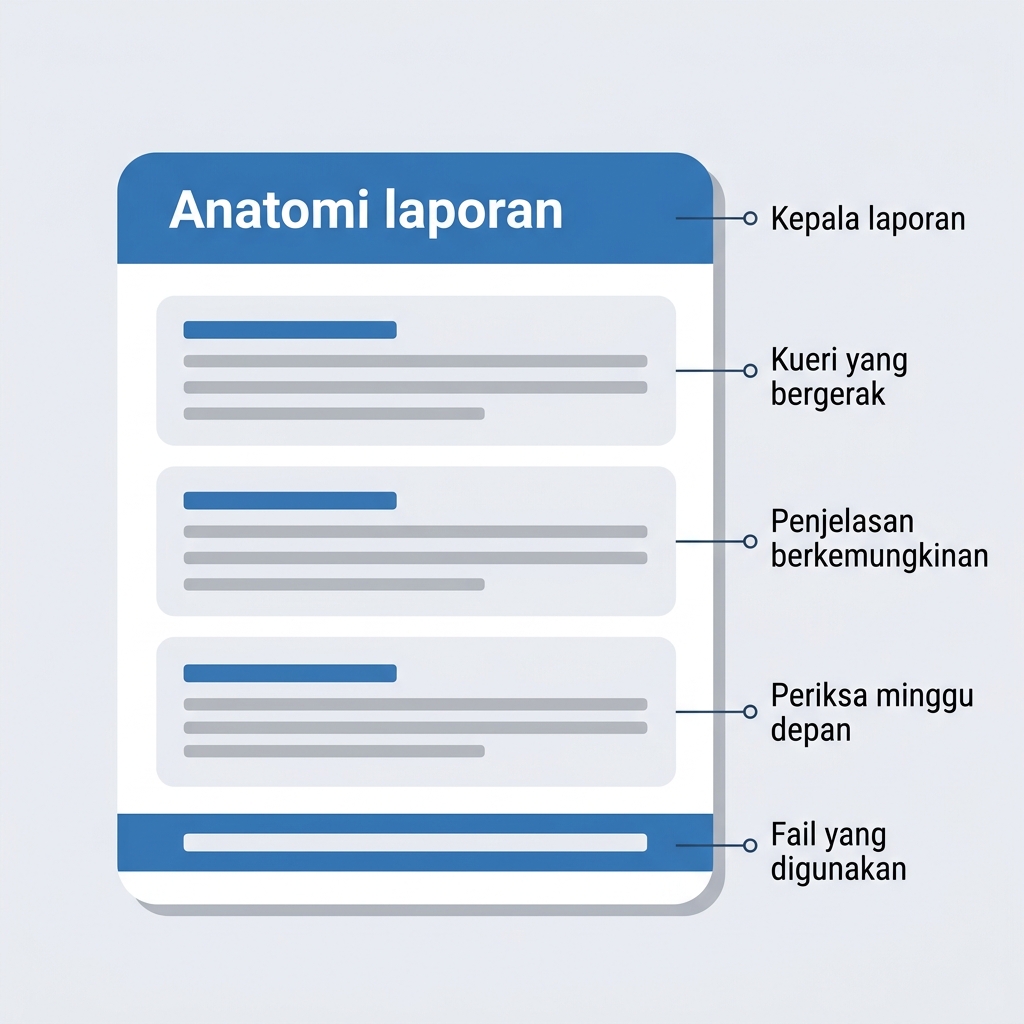 Anatomi beranotasi laporan kedudukan yang menunjukkan kepala, tiga bahagian dan kaki yang menyenaraikan fail