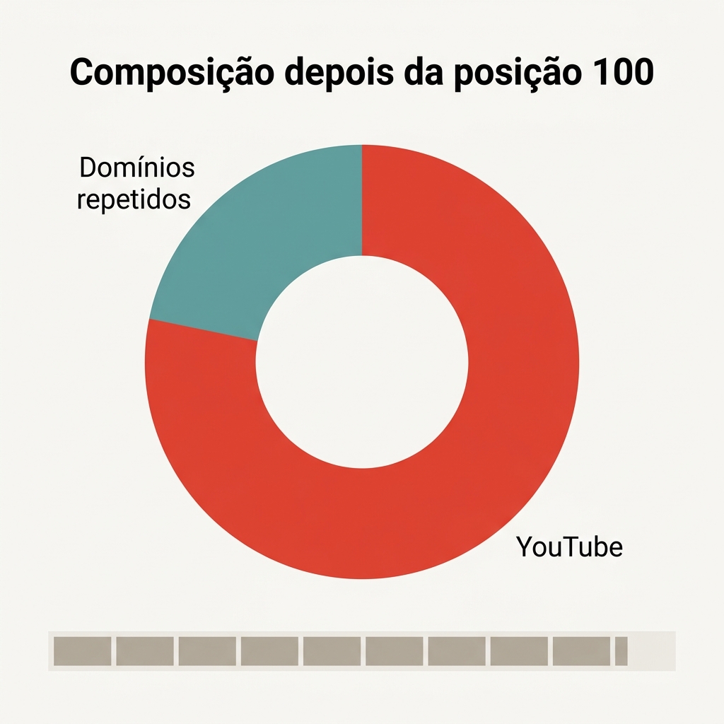 Diagrama de composição mostrando os resultados depois da posição 100 por tipo de resultado, com o YouTube dominando em quatro das cinco consultas que têm acervo profundo