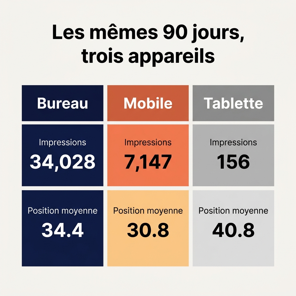 Graphique comparatif des appareils montrant les impressions, les clics, le CTR et la position moyenne du bureau et du mobile sur la même fenêtre de 90 jours