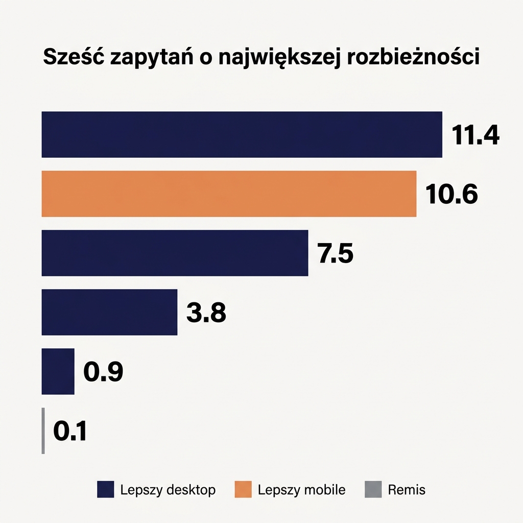 Wykres rozrzutu pozycji mobilnych i desktopowych na zapytanie z podpisanymi największymi rozbieżnościami