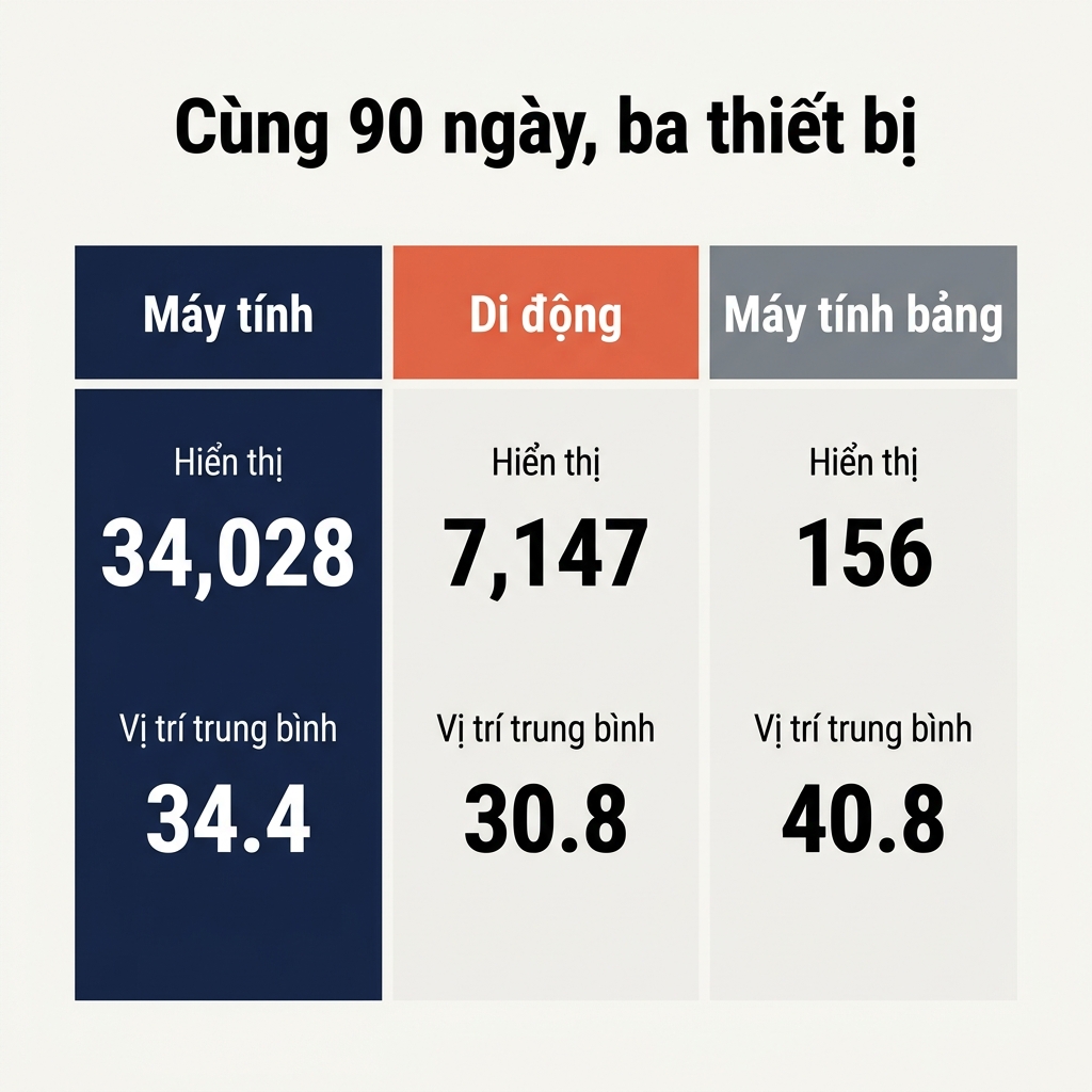 Biểu đồ so sánh thiết bị thể hiện hiển thị, nhấp, CTR và vị trí trung bình của máy tính và di động trong cùng khung 90 ngày