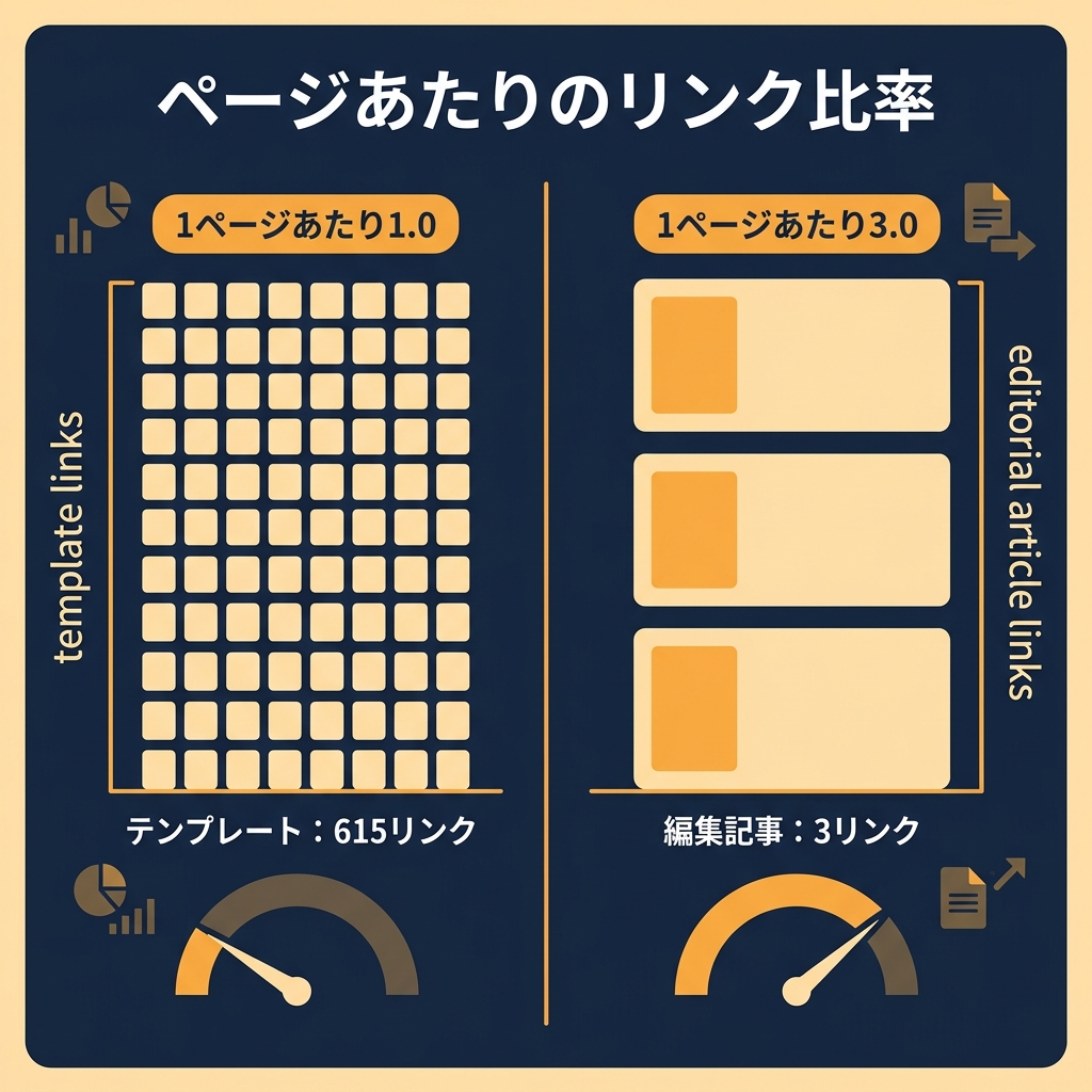 615本のテンプレート掲載と3本の編集記事での言及を並べ、ページあたりリンク数1.0と3.0を示す比較図