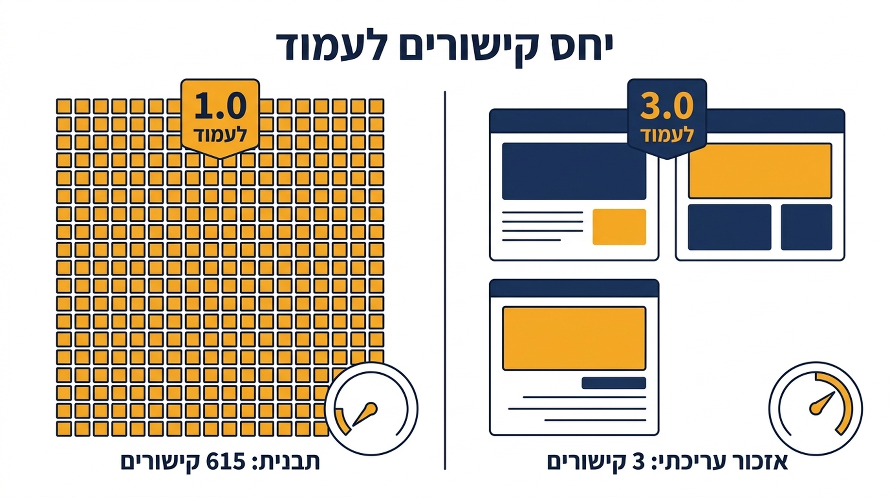 תרשים השוואה המציג מיקום תבנית של 615 קישורים מול אזכור מערכתי של 3 קישורים, עם יחסי קישורים לדף של 1.0 ו-3.0