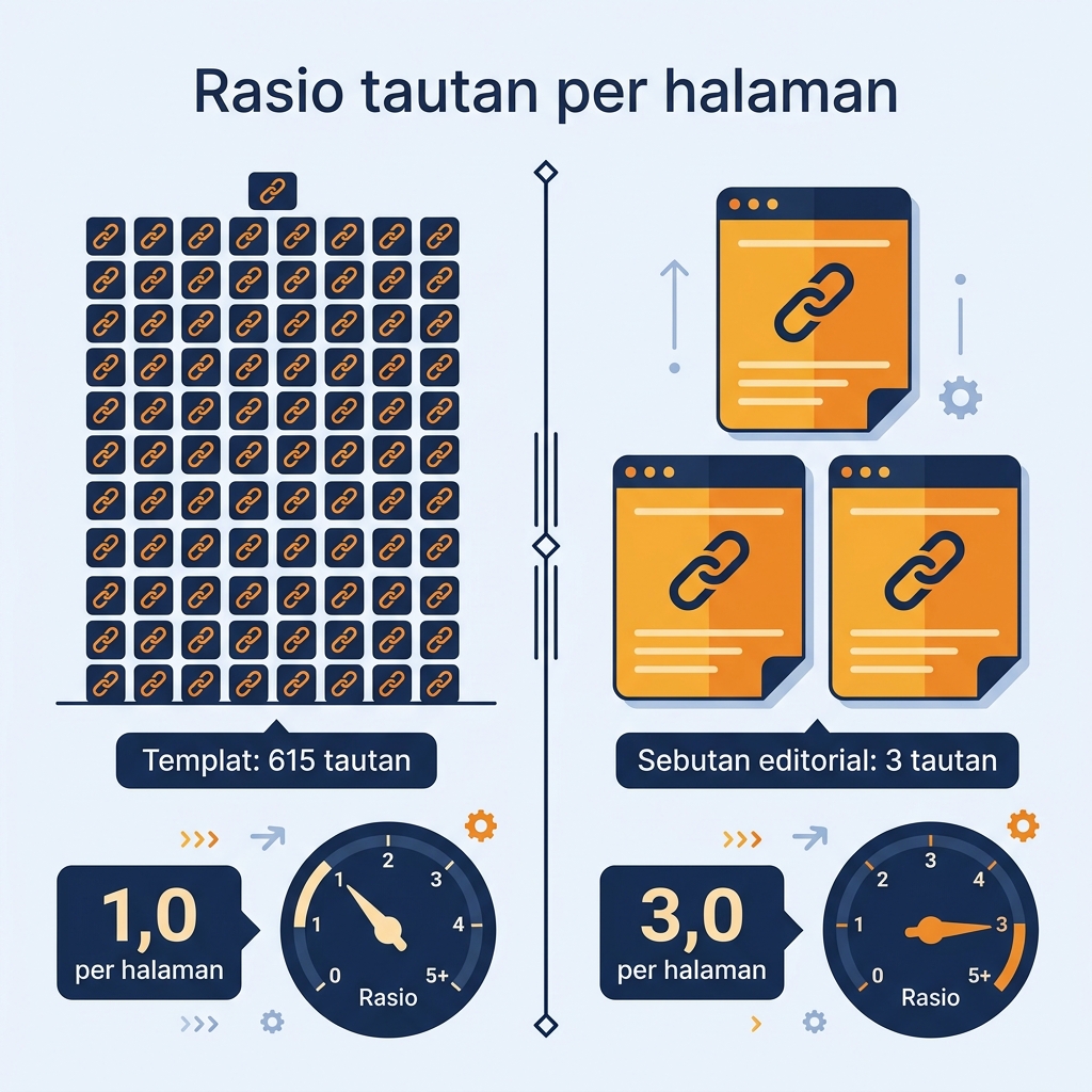 Diagram perbandingan yang menunjukkan penempatan templat dengan 615 tautan dibandingkan sebutan editorial dengan 3 tautan, dengan rasio tautan per halaman 1,0 dan 3,0
