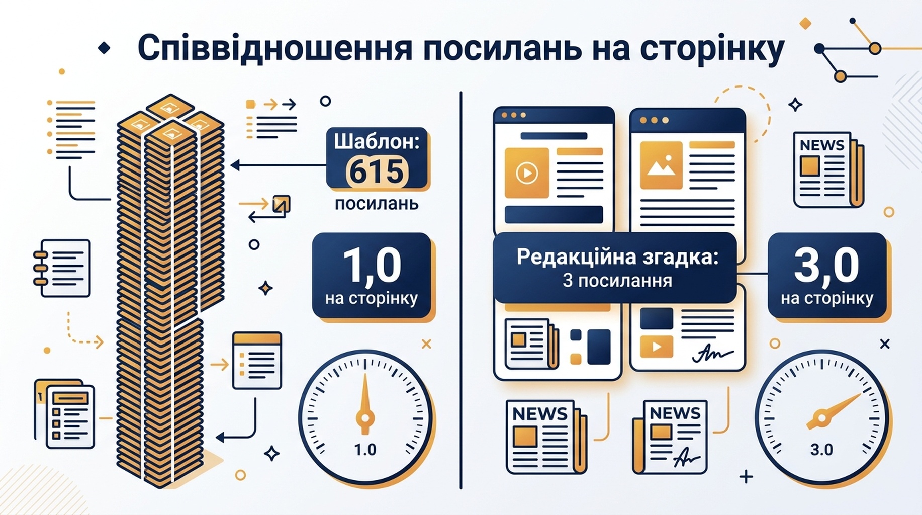 Порівняльна схема: шаблонне розміщення на 615 посилань проти редакційної згадки на 3 посилання, зі співвідношеннями посилань на сторінку 1,0 і 3,0