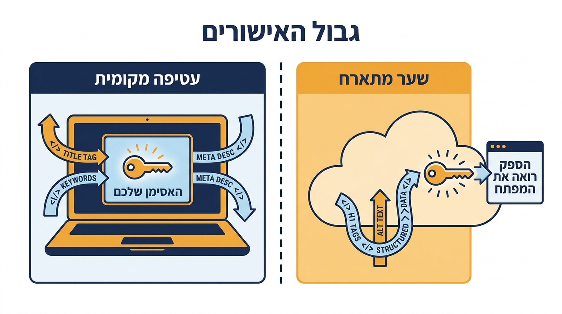 תרשים שמראה לאן עוברים נתוני SEO בשרת עטיפה מקומי לעומת שרת שער מתארח, עם גבולות האישורים של כל אחד