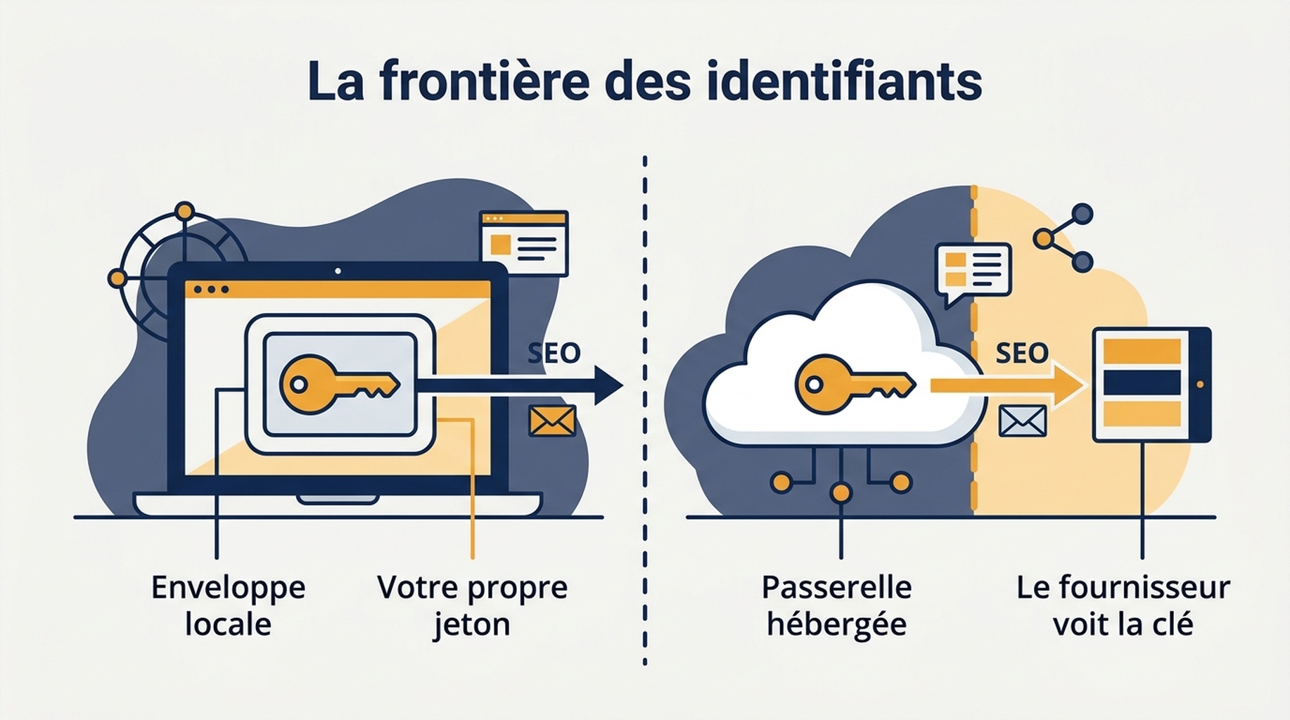Schéma montrant par où passent les données SEO dans le serveur enveloppe local et dans le serveur passerelle hébergé, avec la frontière d'identifiants de chacun