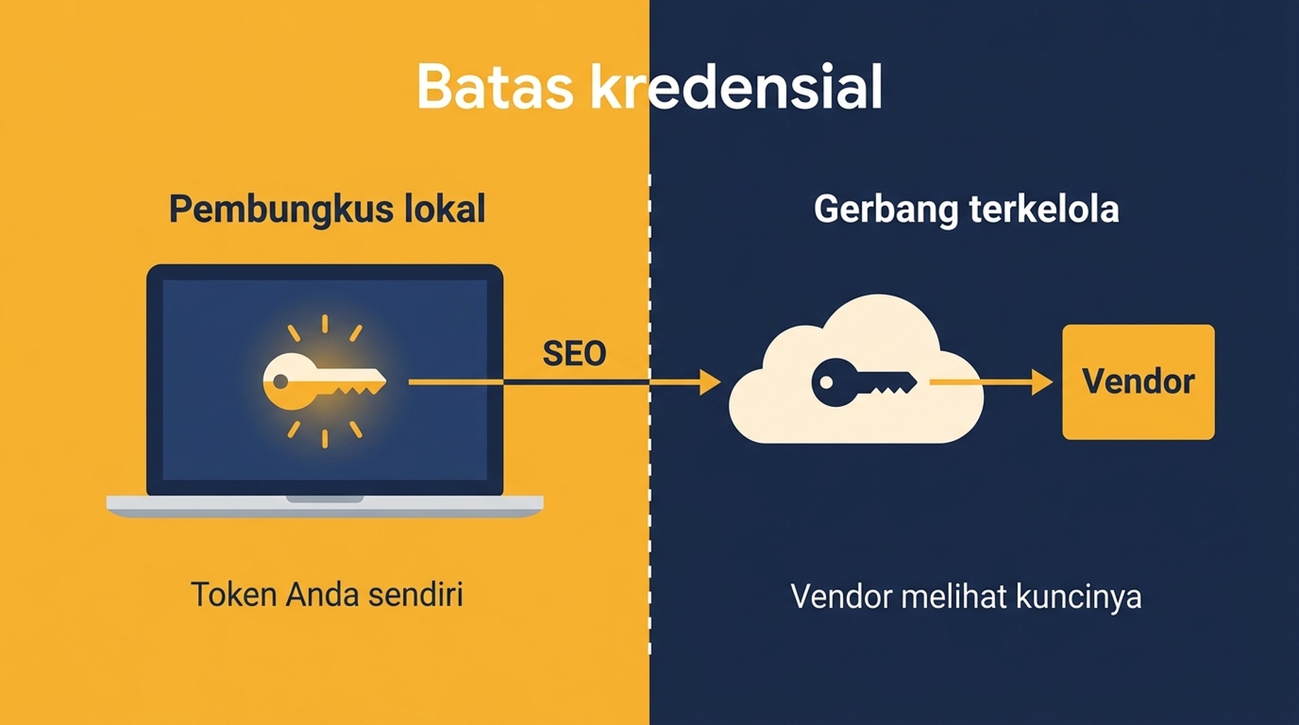 Diagram yang menunjukkan ke mana data SEO mengalir di server pembungkus lokal versus server gerbang terkelola, dengan batas kredensial masing-masing