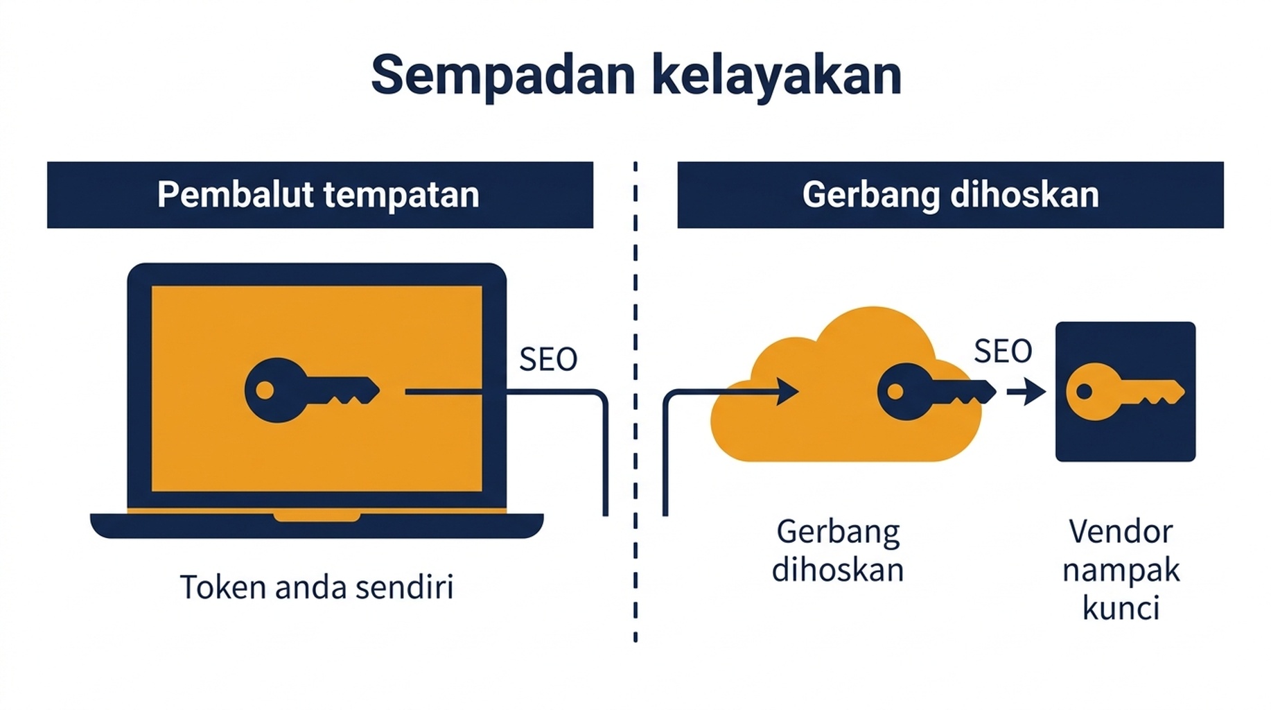 Gambar rajah yang menunjukkan ke mana data SEO mengalir pada pelayan pembalut tempatan berbanding pelayan gerbang yang dihoskan, dengan sempadan kelayakan masing-masing