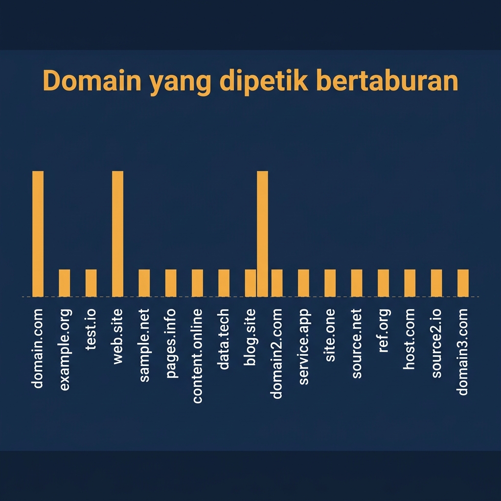 Carta bar 53 slot petikan AI Overview mengikut domain, dengan youtube.com pada 8, developers.google.com dan claude-seo.md pada 6 setiap satu, dan 14 domain pada satu slot