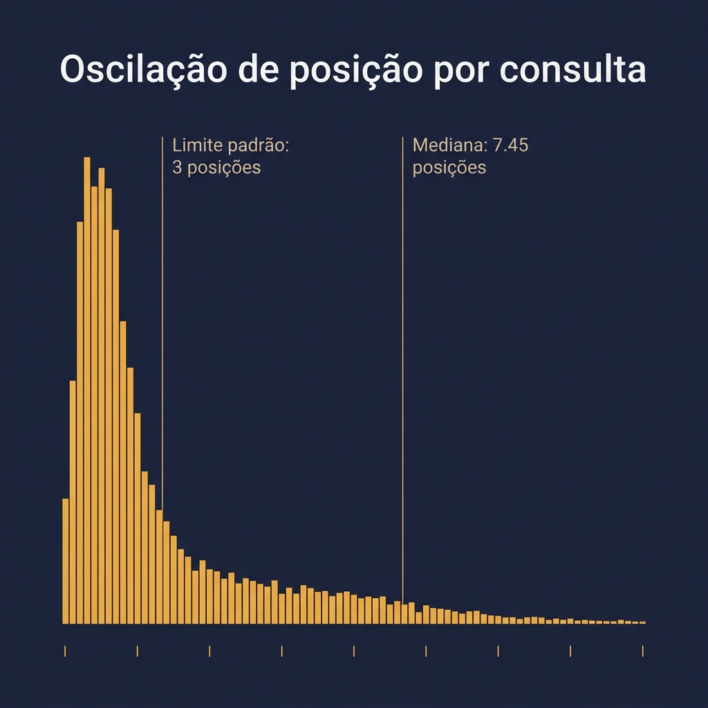 Histograma da volatilidade de posição por consulta em 106 consultas, mostrando mediana de desvio padrão de 7.45 posições e uma cauda longa passando de 10