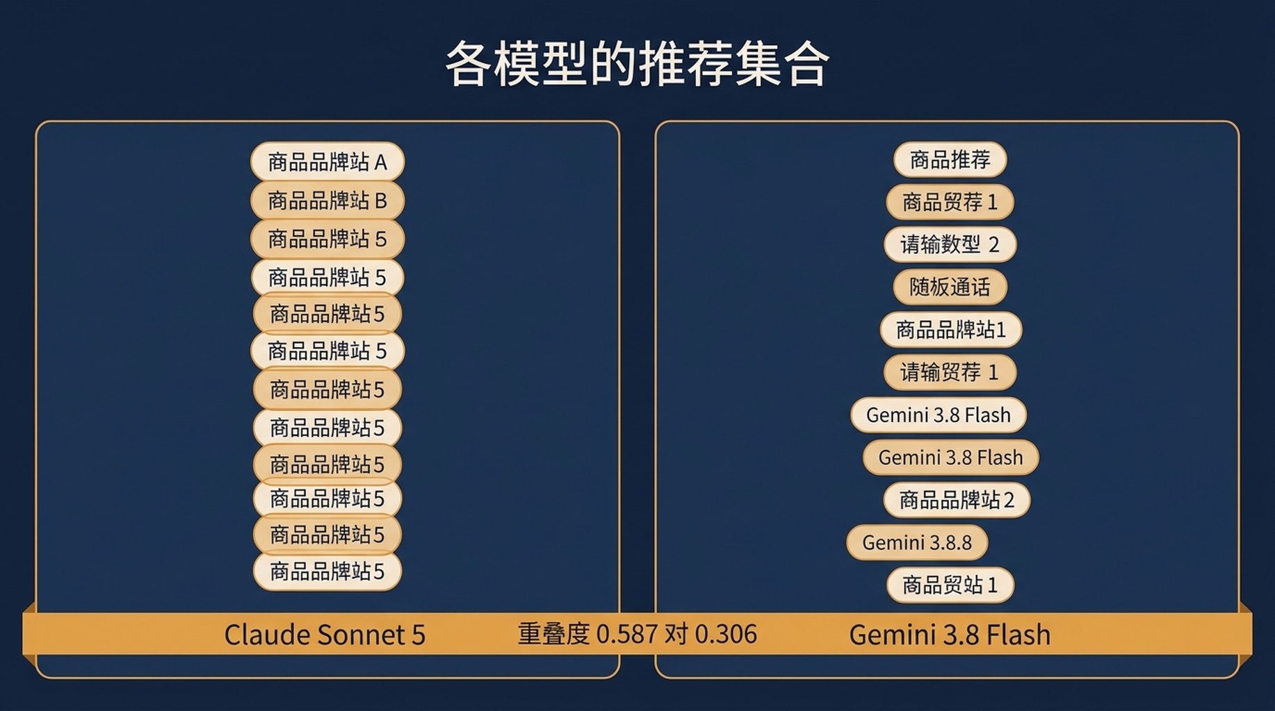 对比每个模型三次运行、展示被点名产品、重复推荐项以及运行间两两重叠度的表格