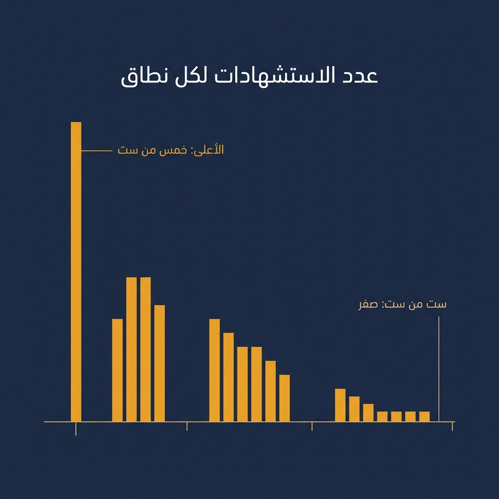 مخطط أعمدة يوضح عدد التشغيلات الست المتطابقة التي استشهدت بكل نطاق مصدر، وأعلاها خمس من ست ولم يبلغ أي نطاق ستًا من ست