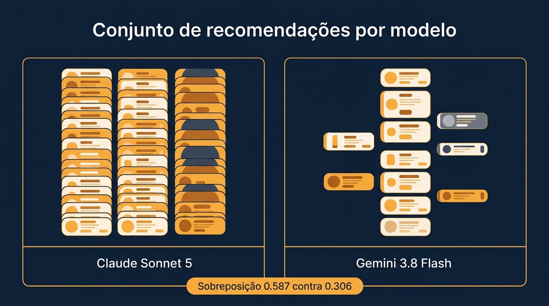 Tabela comparando três execuções de cada modelo, mostrando produtos nomeados, recomendações repetidas e sobreposição par a par entre execuções