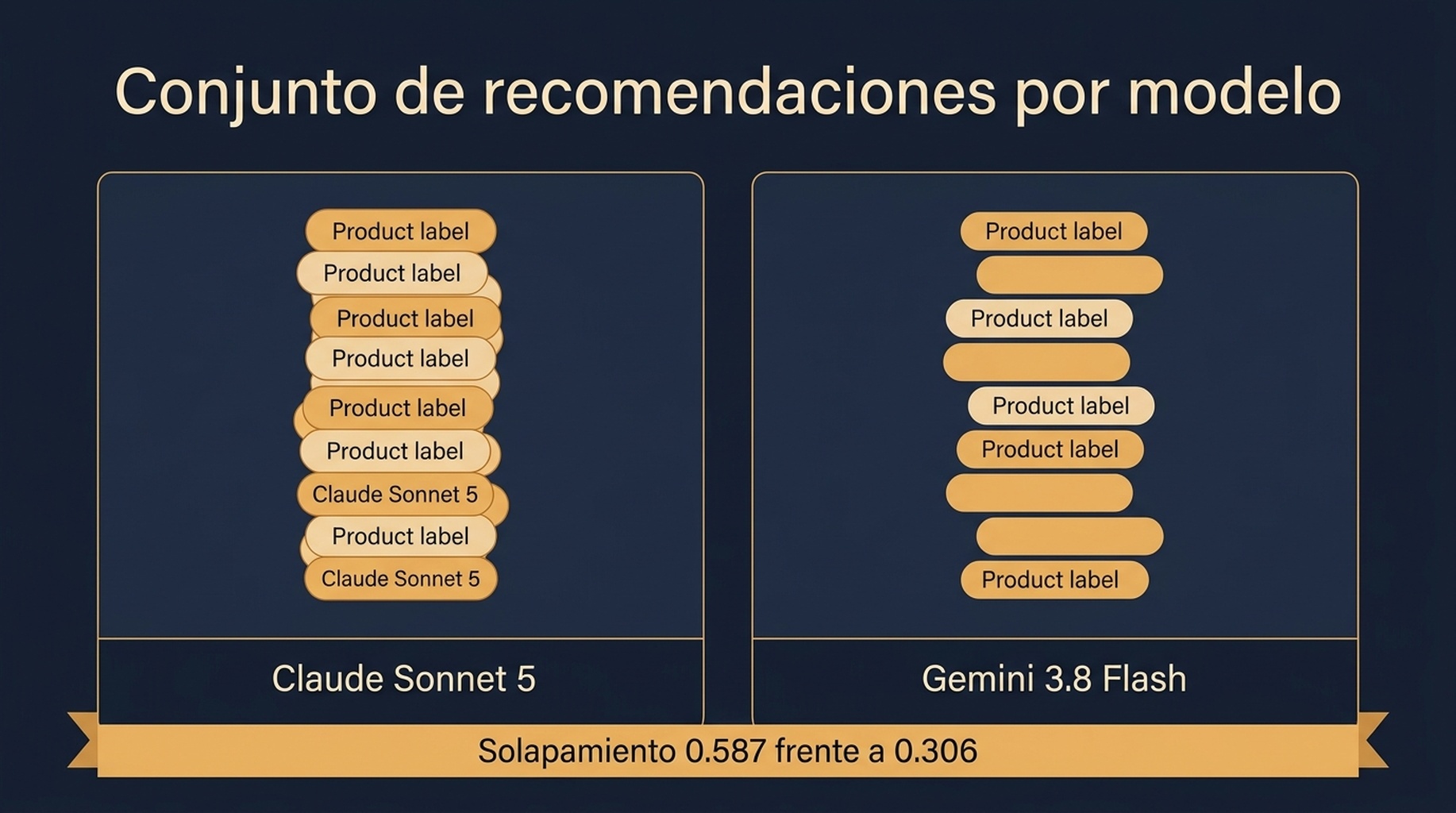 Tabla que compara tres ejecuciones de cada modelo, mostrando productos nombrados, recomendaciones repetidas y solapamiento por pares entre ejecuciones