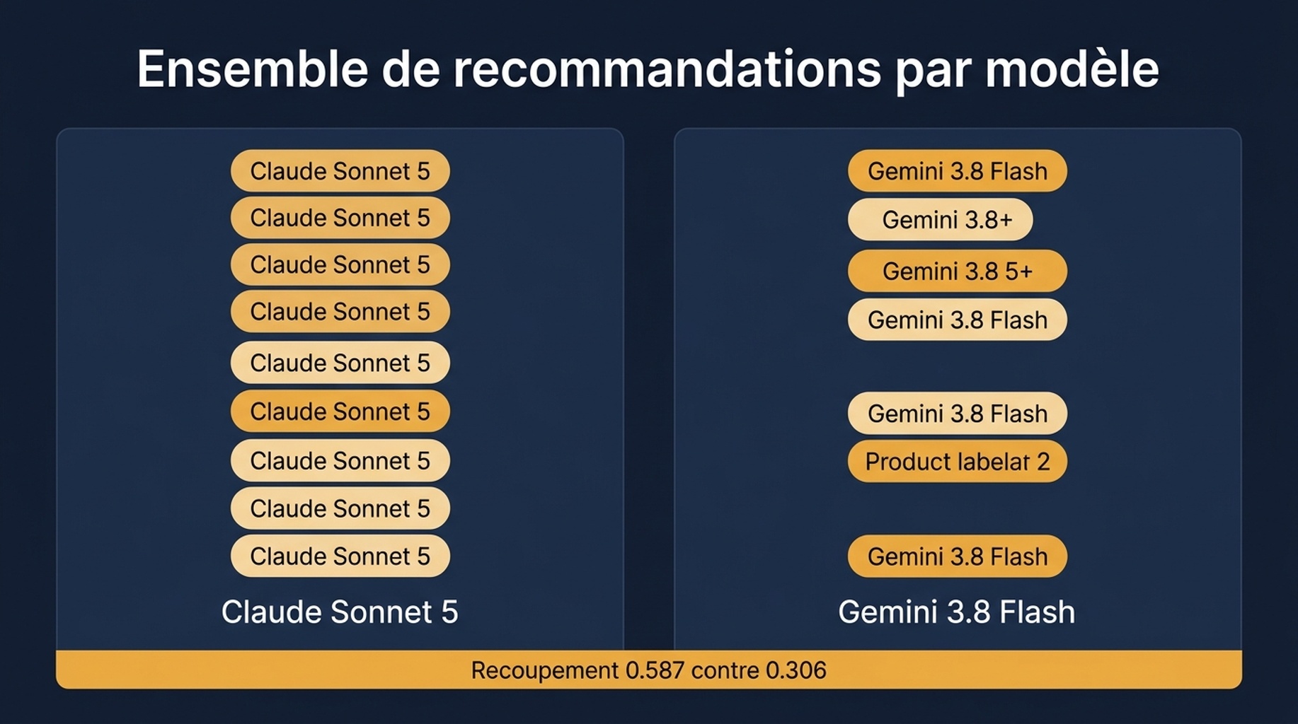 Tableau comparant trois exécutions par modèle, montrant les produits nommés, les recommandations récurrentes et le recoupement par paires entre exécutions
