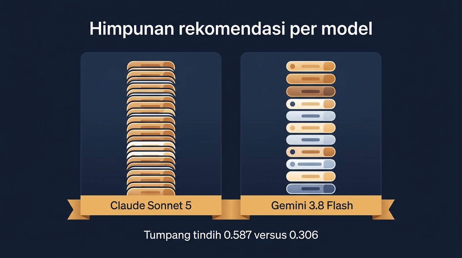 Tabel yang membandingkan tiga jalan per model, menunjukkan produk yang disebut, rekomendasi yang berulang, dan tumpang tindih berpasangan antar jalan