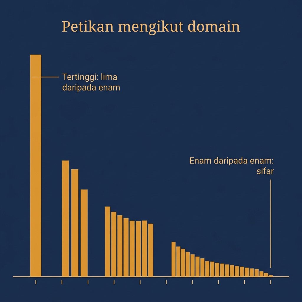 Carta bar yang menunjukkan berapa banyak daripada enam larian gesaan yang sama memetik setiap domain sumber, dengan puncak pada lima daripada enam dan tiada domain mencapai enam daripada enam