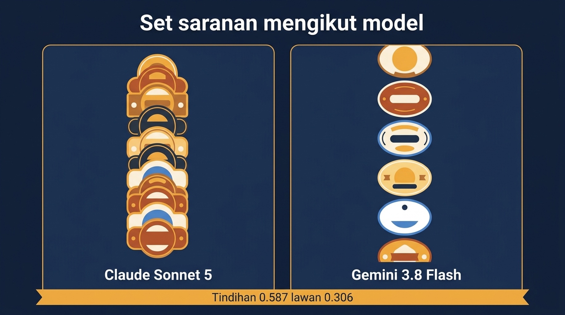 Jadual yang membandingkan tiga larian bagi setiap model, menunjukkan produk yang disebut, saranan berulang dan tindihan berpasangan antara larian