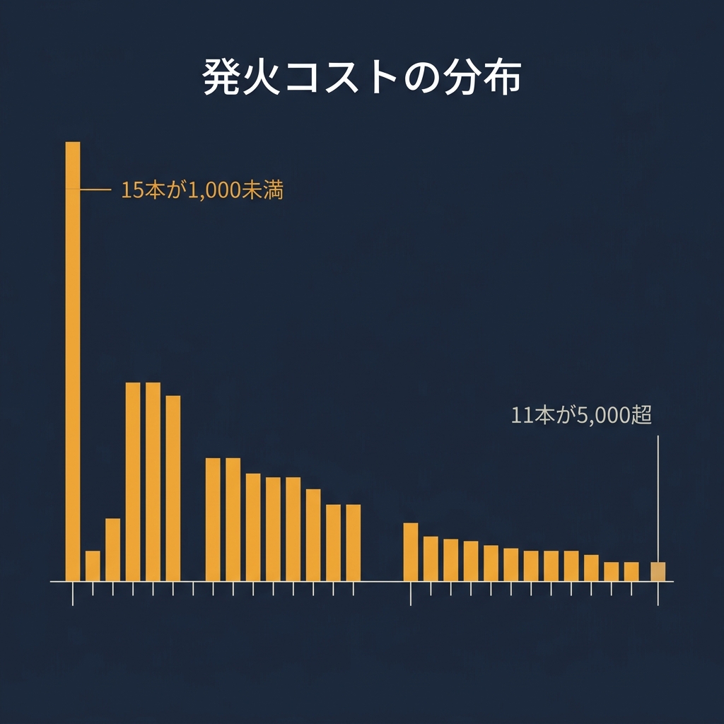 76 個のスキルファイルにおける発動コストのヒストグラム。1,000 トークン未満が 15 個、中央値は 1,850 付近、5,000 トークン超が 11 個