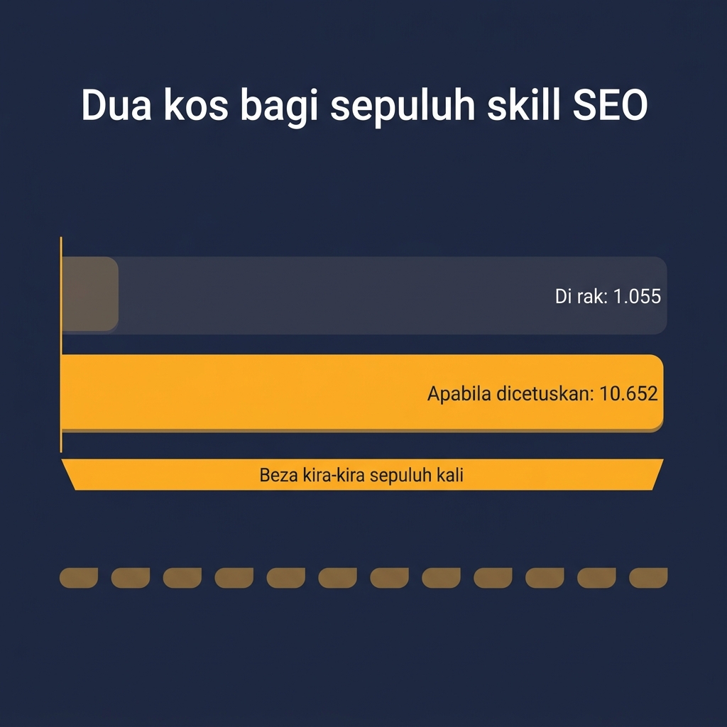 Perbandingan kos metadata sedia dengan kos isi semasa pemanggilan bagi sepuluh skill SEO, menunjukkan kos isi kira-kira sepuluh kali kos sedia
