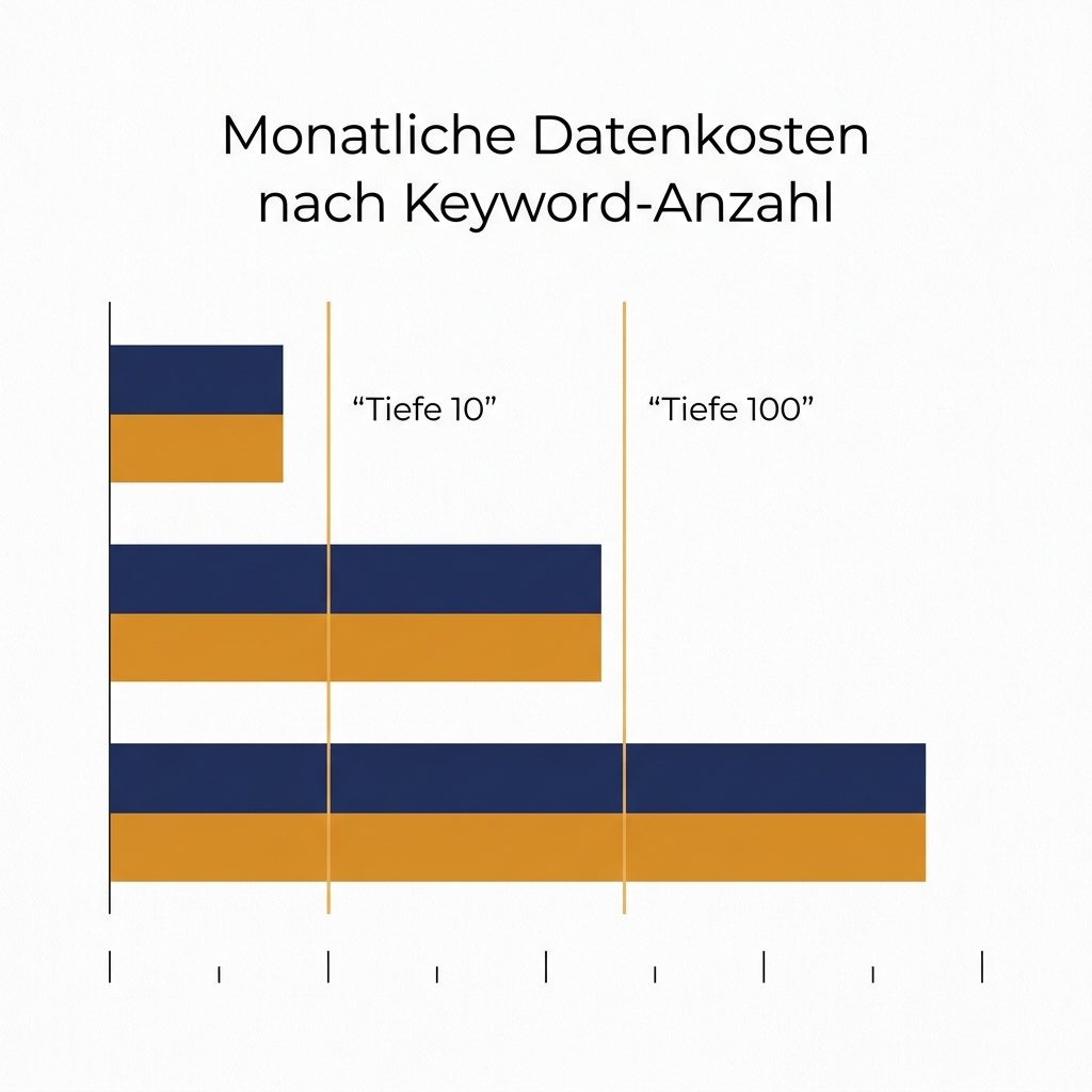 Tabellen- und Balkenvergleich der monatlichen Datenkosten der SERP-Überwachung für 100 bis 1.000 Keywords in drei Ergebnistiefen