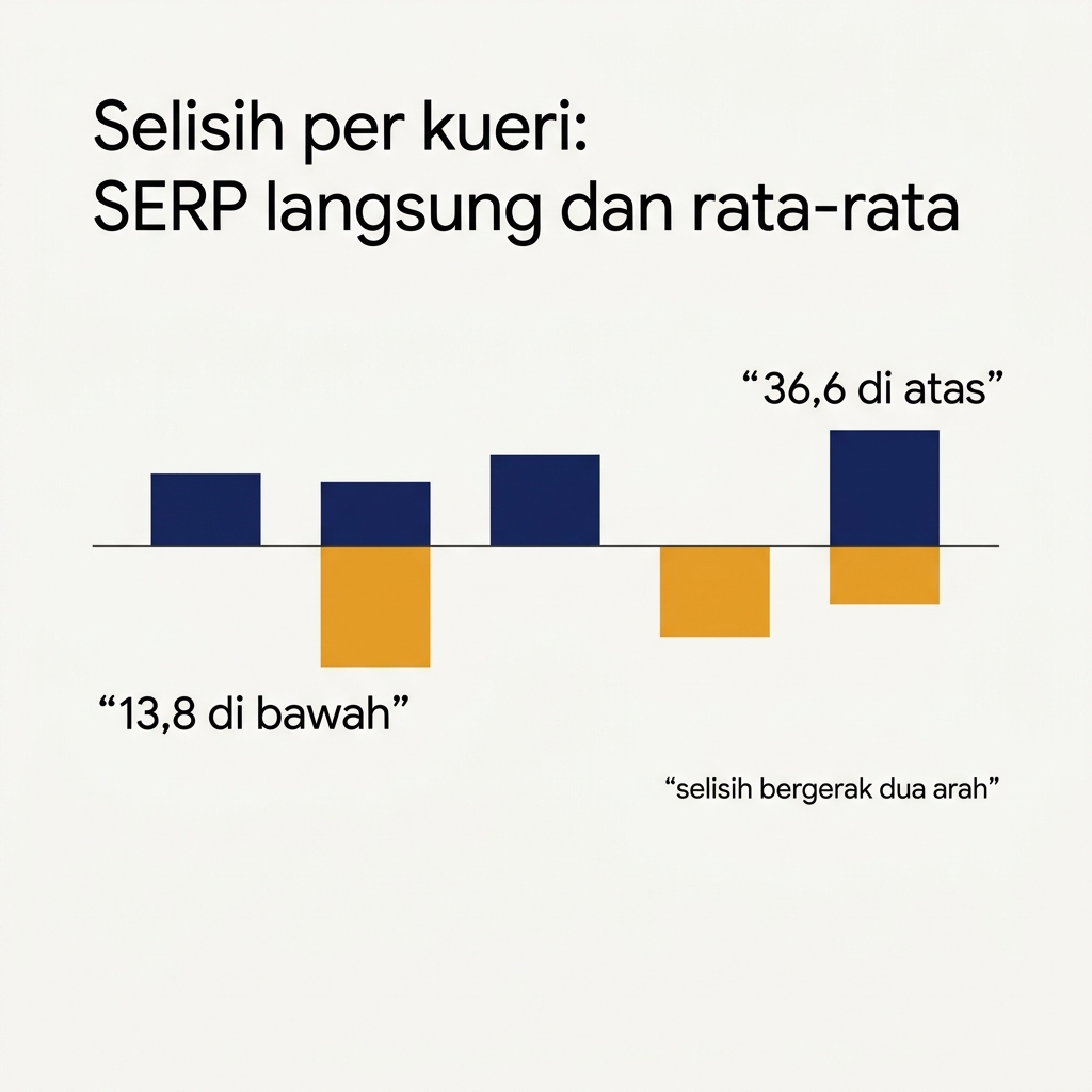 Selisih per kueri antara posisi di SERP langsung dan posisi rata-rata di Search Console untuk 14 kueri, dari 36,6 posisi di atas hingga 13,8 di bawah