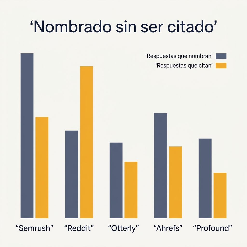 Gráfico de barras agrupadas que compara la frecuencia con que cinco marcas fueron nombradas en respuestas de IA y la frecuencia con que sus dominios fueron citados como fuente, a lo largo de 60 respuestas